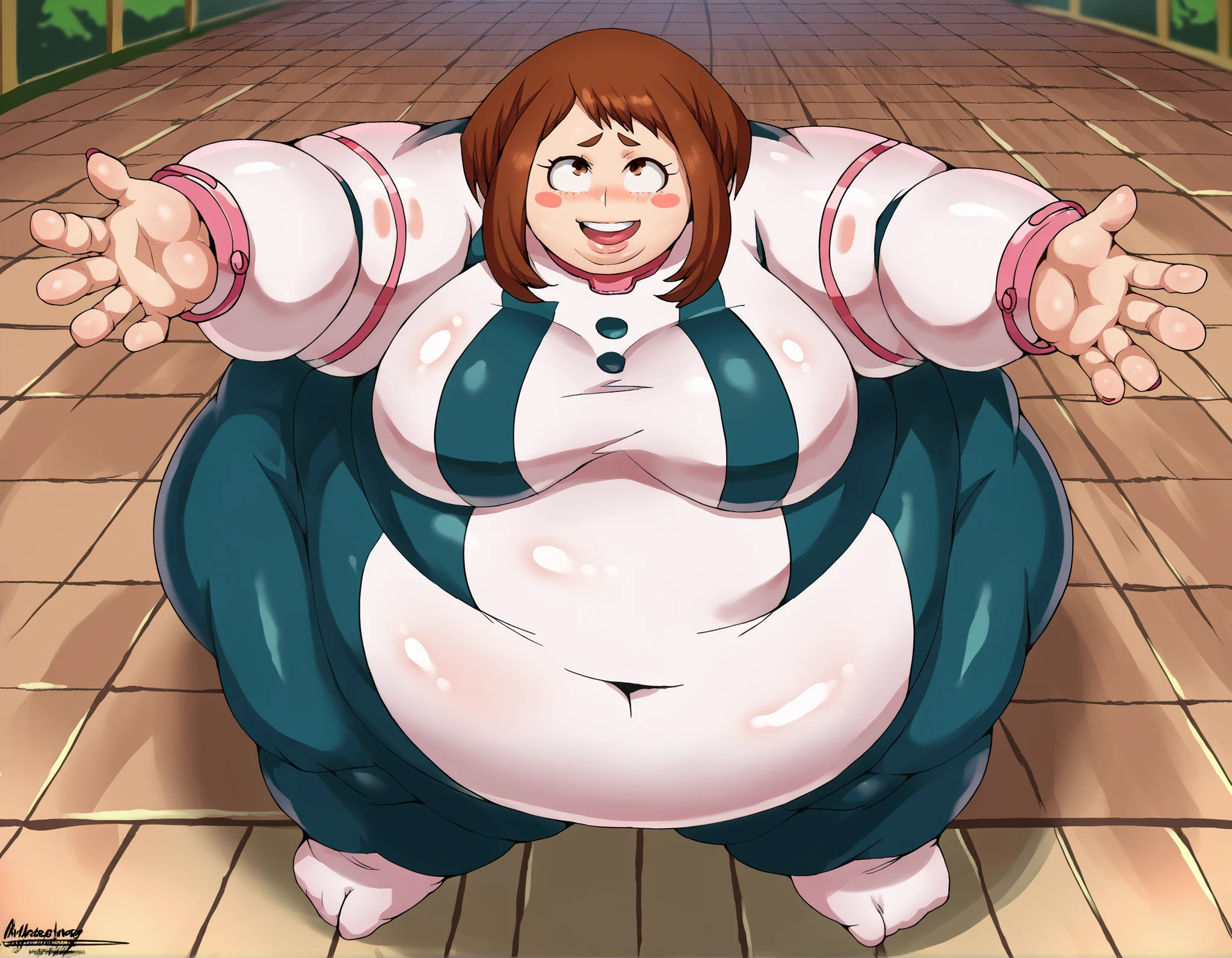 anime. Young woman. Fat basin. a cold. sneezes. Described. standing. Full body.