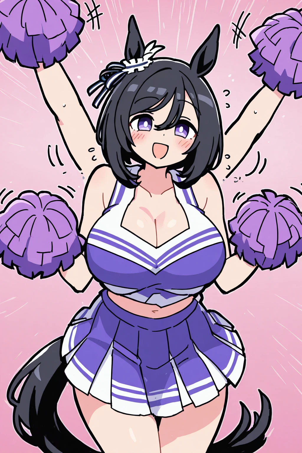 1girl, hex_maniac_(pokemon), pom_pom_(cheerleading), breasts, solo, cheerleader, thighhighs, long_hair, swimsuit, alternate_breast_size, thick_thighs, one_eye_closed, bikini, skirt, messy_hair, navel, smile, purple_eyes, @_@, purple_hair, micro_bikini, thighs, holding_pom_poms, curvy, very_long_hair, huge_breasts, blush, looking_at_viewer, areola_slip, shoes, arm_up, bikini_top_only, hairband, sneakers, sweat