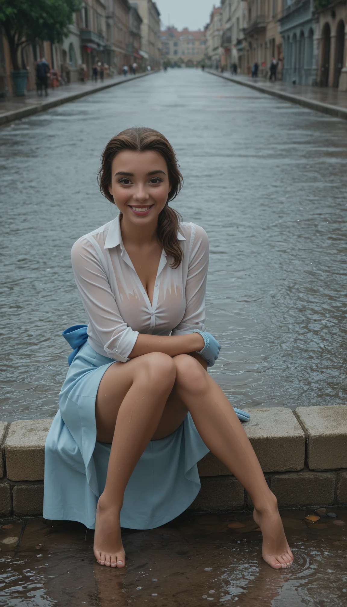 retro photography, 1970s , AGFA, Kodak, soviet girl wears loose dress, looking_at_viewer, lovely smile, Russia, Moscow, oak blossom, octane render, solo, Moscow river, Kremlin in the background