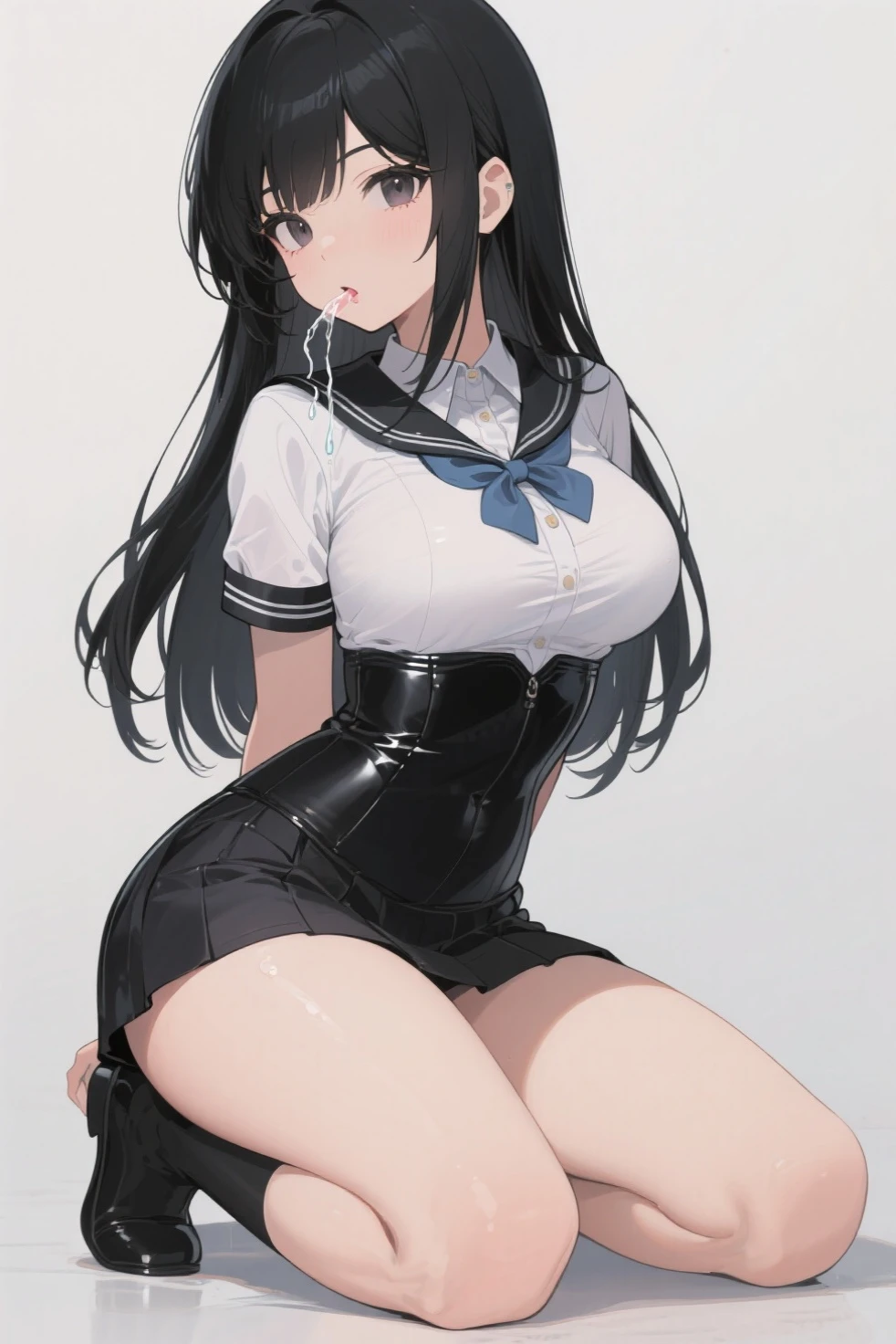 1girl, solo, long hair, looking at viewer, skirt, black hair, hair ornament, red eyes, long sleeves, white background, holding, very long hair, jacket, ass, pantyhose, pleated skirt, hairclip, looking back, miniskirt, black skirt, clothes lift, from behind, sweater, black pantyhose, halo, skirt lift, thighband pantyhose,huge breasts,(shiny skin:1.15),(mature female:1.2),realistic,rio \(blue archive\), <lora:rio-v1-nai-8ep-resize:0.65>