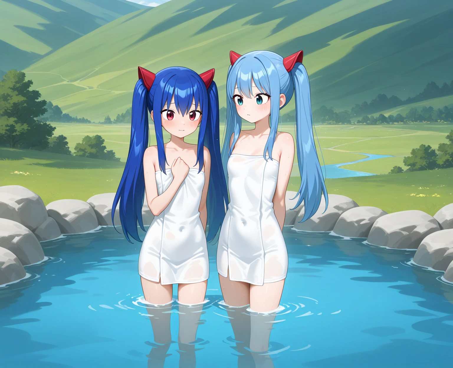 Those girls,Ten to eighteen years old,External(Large hot spring pond、Awa Onsen),facial feature,Front lens,details and colors:1.4,Excellent work,human chorionic gonadotropin,Highest image quality:1.4,Frontal light source,Natural soft light,bathing towel、Bat wings、elongated tail, Anime cute art style, Gotik, Very meticulous,Transparent water,8k wallpaper