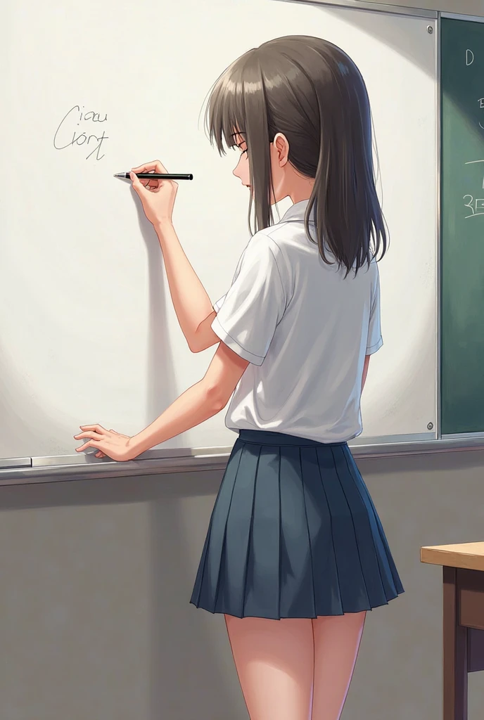 Adult female, highly detailed, glasses, short and messy black hair tied back, blue eyes with black pupils, focused, college classroom, black cardigan, jeans, perfect eyes, expressive eyes, high quality, best quality, walking, busty, sitting as desk, writing, extremely focused