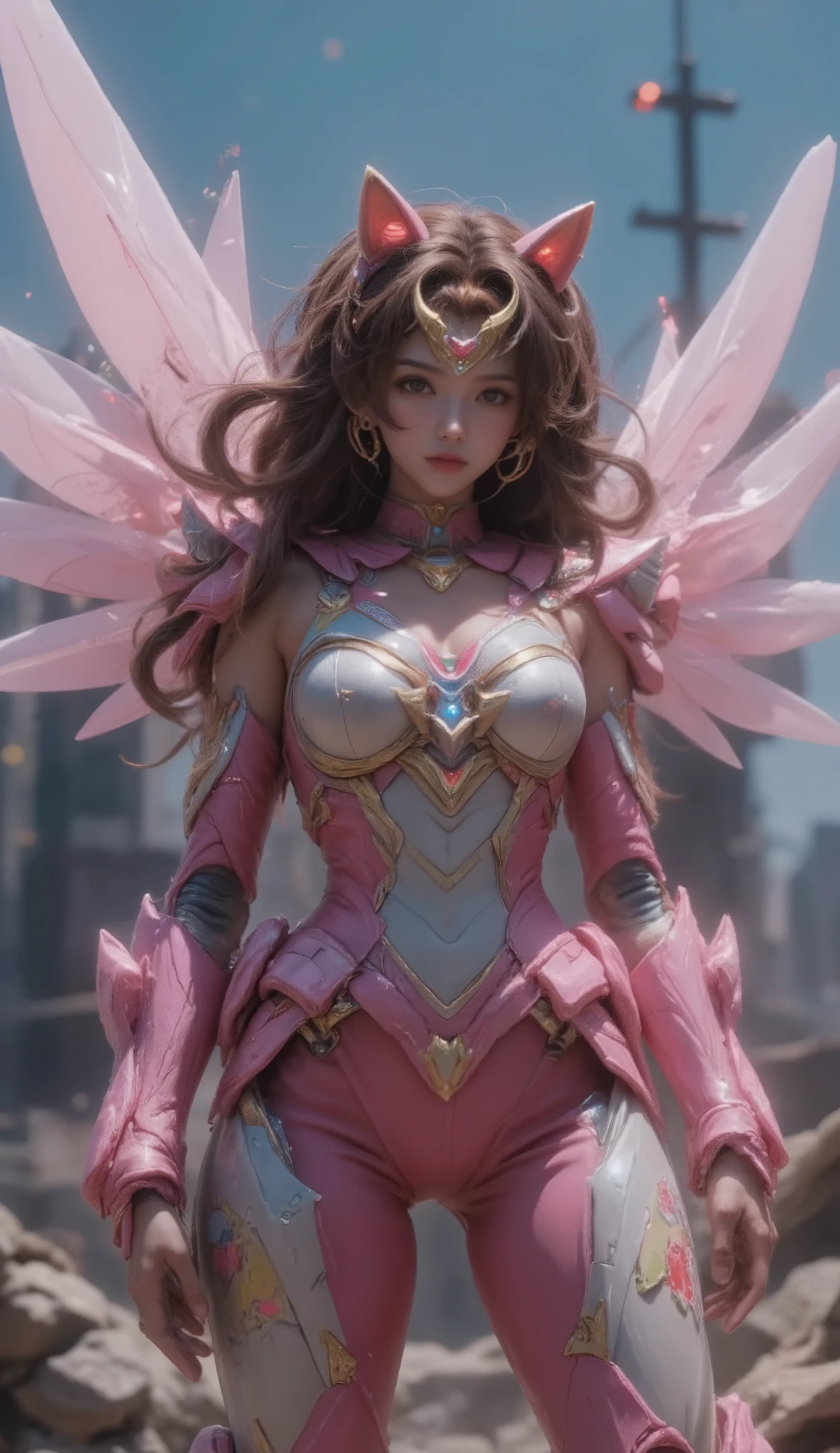 cute girly robot sailormoon, wavy long brown hair, has iron wings, colorful flower golden pattern on pink body, visible skin, headset ear cat's, armed with heavy weapons on body, kawaii mood, Joints and gaps glowing red. leopard robot standing behind she.hardcore machine. newest anime style,cute pop the city is destroyed background.vivid color.punk accessories