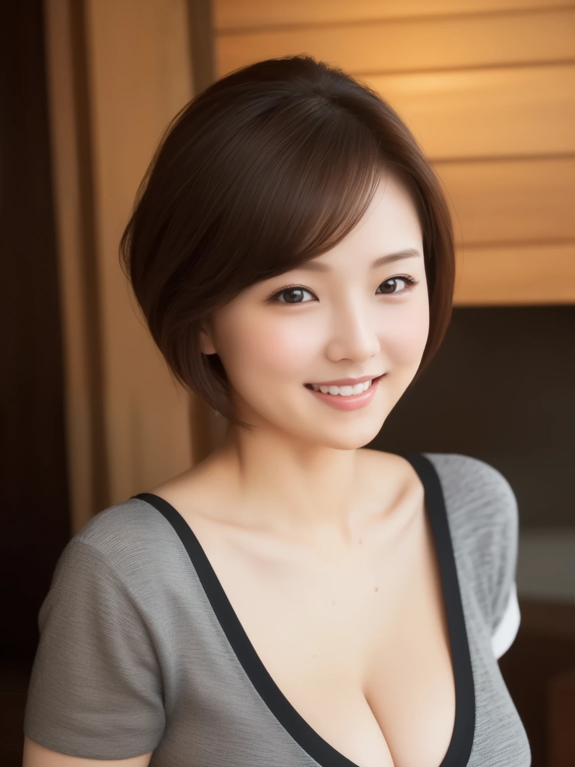 Highest quality、Ultra-high resolution、(Photorealistic:1.4)、Beautiful Eyes、Super Beauty、Very Short Hair、Beautiful breasts、lover、Rough chest T-shirt、Cleavage、Beautiful Soldier、Eyes that invite the viewer、loverの視点、Attractive appearance、Sexy smile、Perfect Style、Perfect balance、Detailed skin、Mischievous Gaze、I can see your chest、Smiling with teeth showing