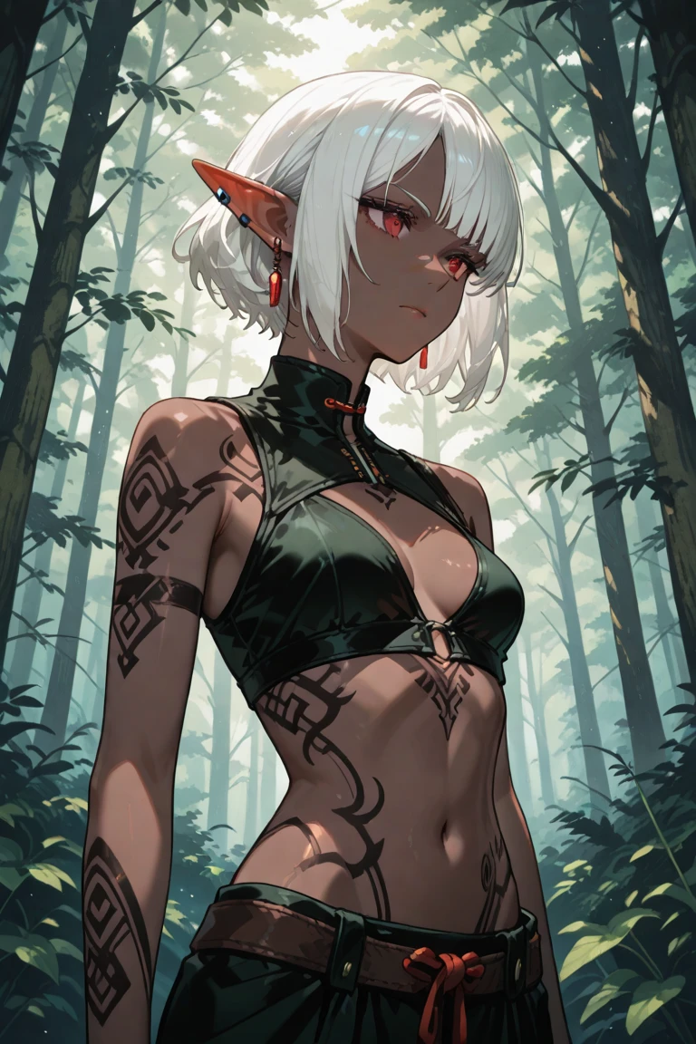 ((1 indigenous woman, woman with penis, erect penis, testicle)),((with tribal tattoos, muscles))),((medium breasts, naked breasts, erect breasts)),((white hair)),(( brown eyes, hopeless face)),((standing, In a haunted forest, at night)),((1 arm behind the back)),
