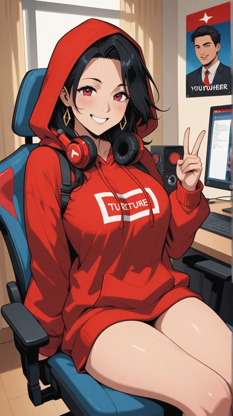Score_9, Score_8_up, source_anime BREAK solo, 1girl, looking at viewer, cowboy photo, 1 girl, with black hair, messy hair, long hair, red eyes, bangs, hair between eyes, red hoodie, leggings, curves, breasts medium-sized, smile, sunken skin, hands on chest, behind, back, indoors, in bed, in the bedroom, on a chair, at the window, sitting, on a gaming chair, on a computer, on a keyboard\ (computer\), in games,