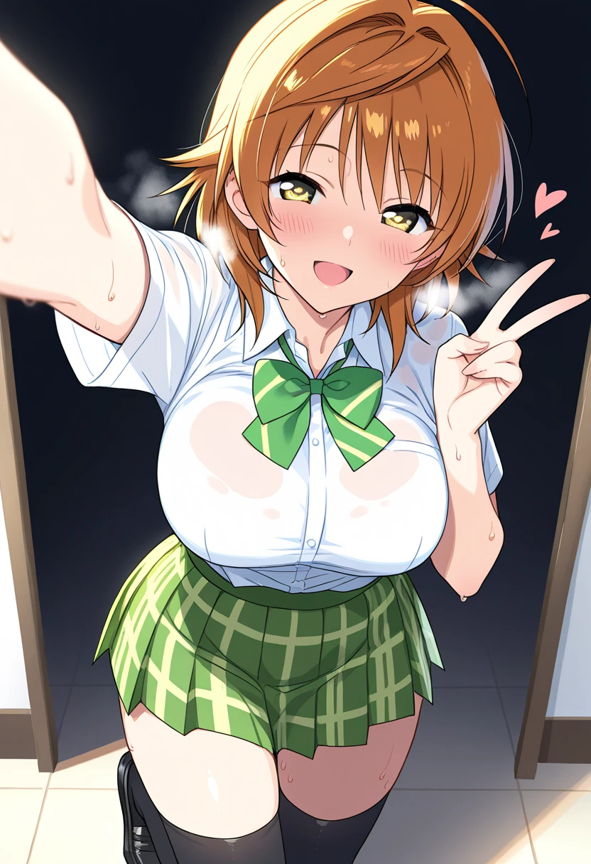 masterpiece,best quality, 1girl, ijichi nijika, bocchi the rock!,nsfw,(school uniform:1.1),classroom,(fellatio gesture:1.2),bukkake,looking at viewer,cleavage cutout,medium breasts,beautiful nipples,cum everywhere,anime keyvisual,sitting,side view,licking her lips,(used condoms:1.2),(seductive smile:1.2),art on blackboard,(spoken pink text)