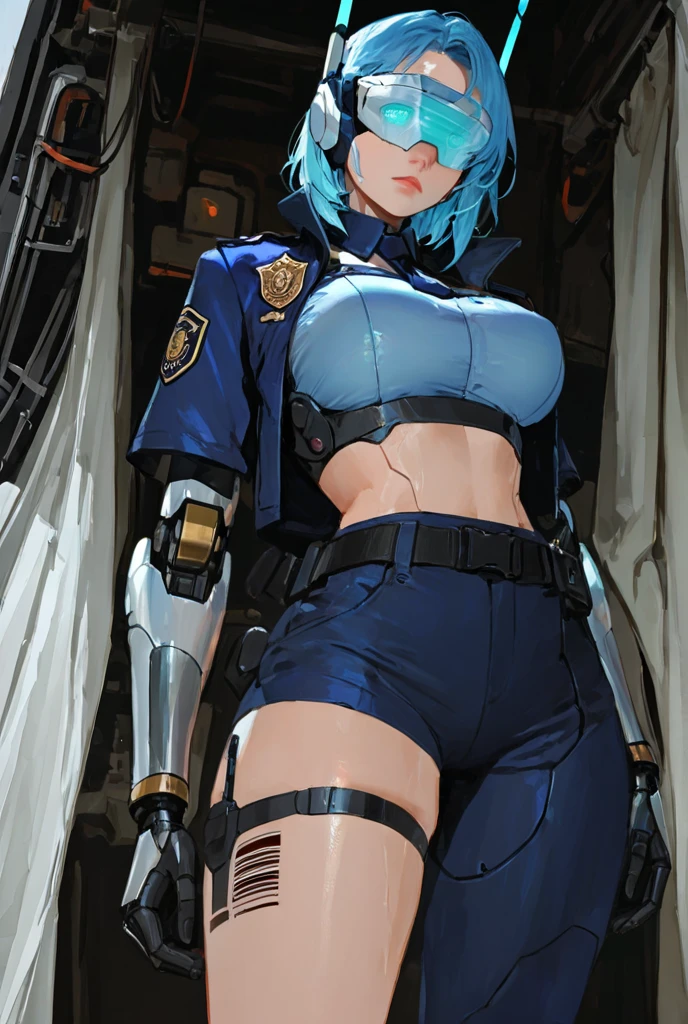 ((Masterpiece, highest quality; 1.3)), super quality, beautiful detail, super detailed, extra fine, 16K, exquisite, absurd, high resolution, beautiful background, detailed background, beautiful eyes, beautiful skin, anime style, Kay from Dirty Pair in a white outfit, tight outfit, cleavage, bushy redhead beauty, very light blue uniform, wearing tight clothes, skimpy, (mid chest: 1.2), cleavage, cleavage, slim waist , thin waist, slim thighs, thin legs, slim legs. thigh gap, showing stomach, skinny, thin hips, cyberpunk city background, holding retro space gun , headband,