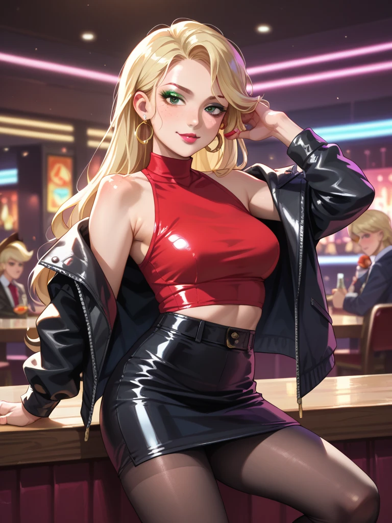 panty, blue eyes, long blonde hair, red dress,looking at viewer,smiling, sitting, on stool, inside night club, counter, bottles, neon lighting, high quality, masterpiece, <lora:PantyAnarchy_Mix:.8>