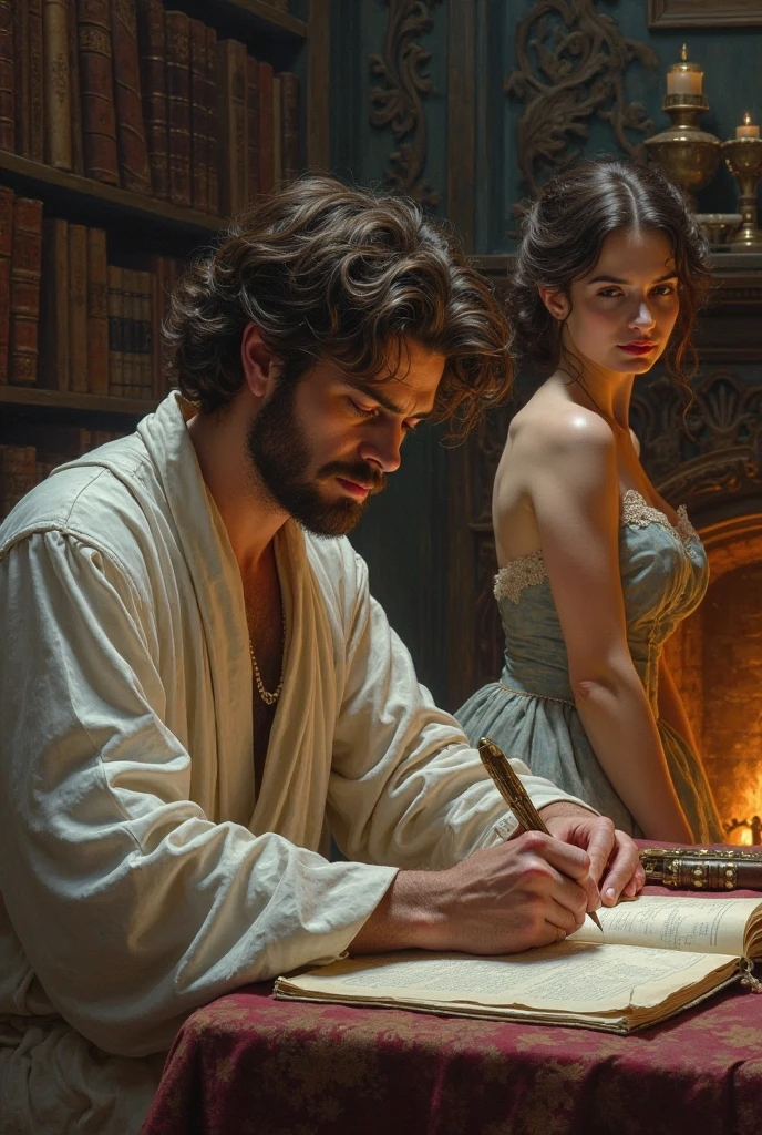 The image depicts a richly detailed scene set in what appears to be a historical or fantasy library, reminiscent of the styles often seen in the works of artists who specialize in romantic and fantastical themes. Here's an expanded description, including potential artists who work in similar styles:

1. Characters and Attire:
   - Woman: She has long, flowing blonde hair and is dressed in an elegant red gown with lace details. She is seated at a desk, holding a quill pen and writing in an open book.
   - Man: He has long, dark hair and is dressed in a white shirt with ruffled sleeves and dark pants. He stands behind the woman, leaning over her with a protective or affectionate posture, his hand resting on the desk near her.

2. Setting and Background:
   - The scene is set in a grand library with tall, ornate bookshelves filled with books. The architecture features arched windows and intricate woodwork, suggesting a historical or fantasy setting.
   - The room is dimly lit, with a warm glow coming from candles and possibly a fireplace, creating a cozy and intimate atmosphere.

3. Objects and Details:
   - On the desk, there are several books, some open and some closed, along with a candlestick holder and a small hourglass, indicating the passage of time.
   - The woman's focused expression and the presence of the quill and book suggest she is engaged in writing or studying.
   - The man's posture and the way he leans over the woman imply a sense of closeness and intimacy between the two characters.

4. Atmosphere:
   - The overall atmosphere of the image is one of romance, mystery, and intellectual pursuit. The detailed setting and the characters' attire and actions evoke a sense of a bygone era or a fantastical world.
   - The combination of the library setting, the characters' interactions, and the warm lighting creates a scene that is both visually captivating and narratively intriguing