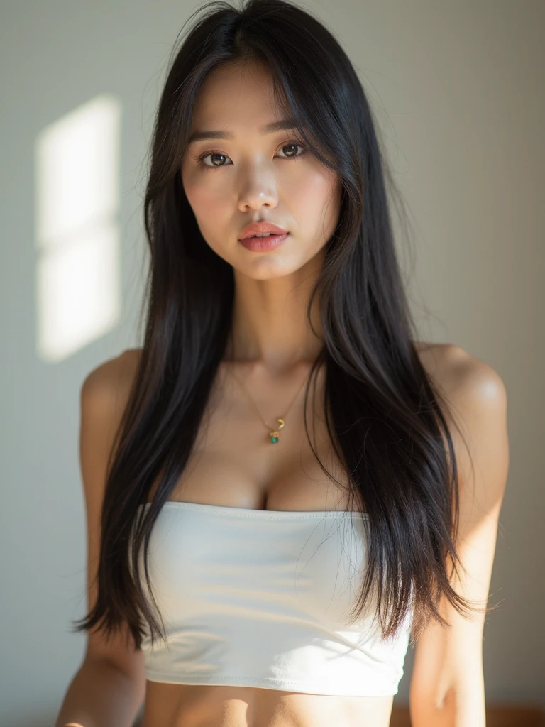 (full body shot:1) photorealistic image of a woman, ultrarealistic, photography, straight long black hair, japanese woman, beautiful japanese 40 years old woman, hourglass figure, perfect body, Flirty look, natural big breasts, long eyelashes, cat eye make-up, double eyelids, seductive pose, big breasts, white t-shirt, wind blows at hair, in the hotel, bokeh, 
