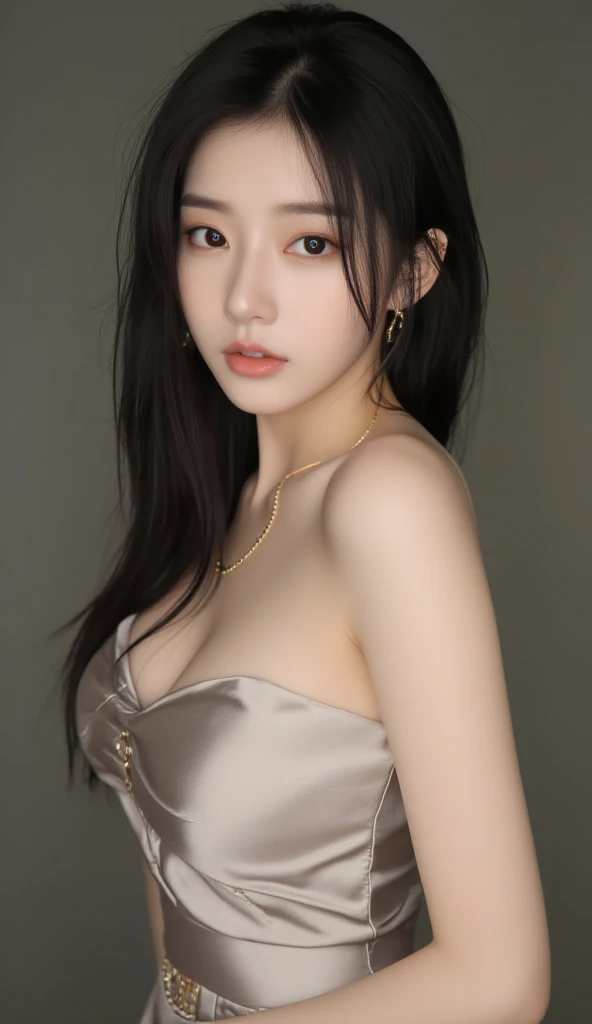 (lifelike,high resolution:1.3), A slim girl, The face shape and eyes are super delicate,(black hair),red glossy lips,(beautiful face), (best quality), (Super detailed), (Extremely detailed CG unified 8K wallpaper),((Black sexy evening wear)),(White background),(cleavage),(Model photo),sexy look,big eyes,(standing),(Slim waistline),Eyes look at the audience,soft breasts,Very perfect breasts,Character centered,White skin,layered hairstyle,Perfect body,(perfect breast shape),(perfect boobs)