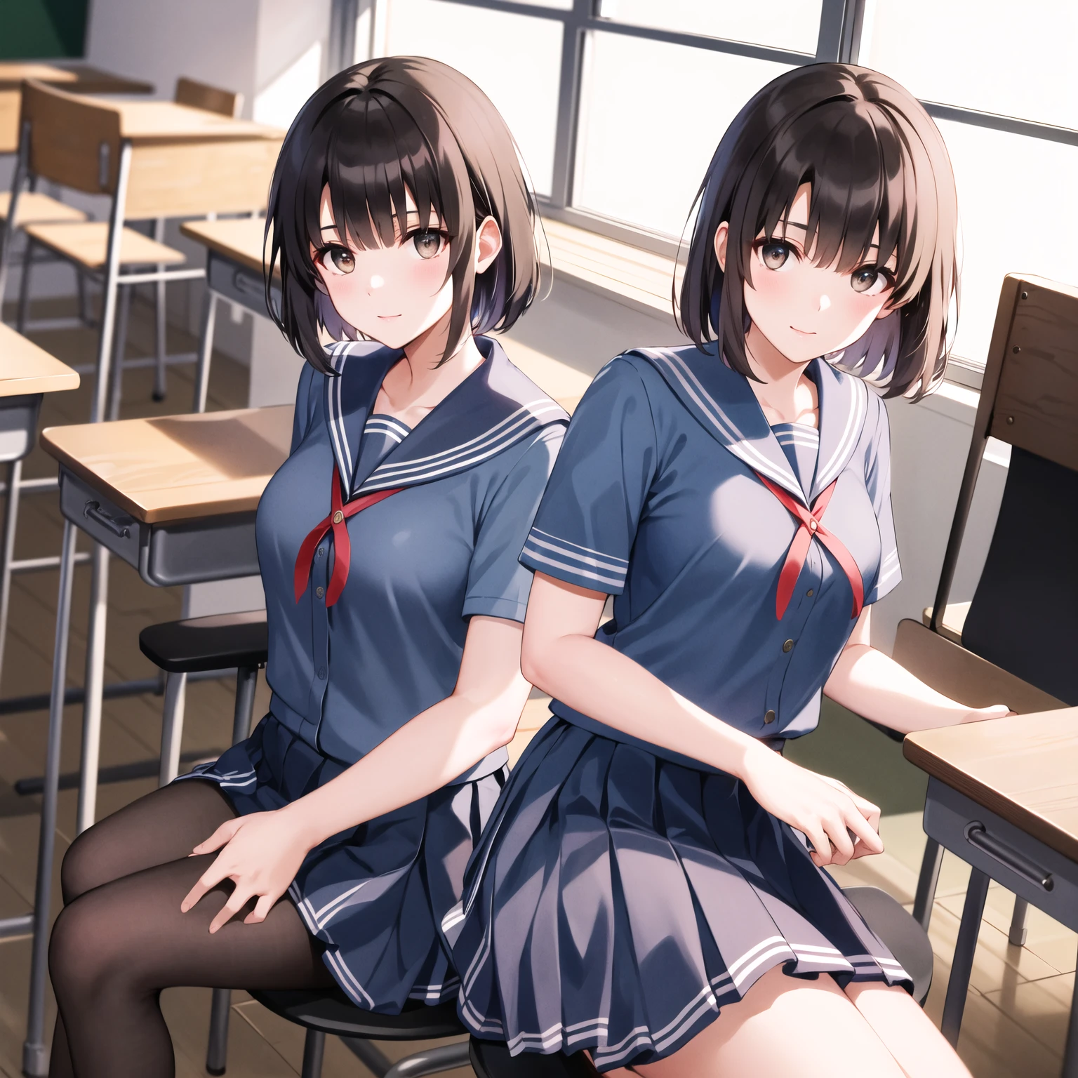 (masterpiece、Highest quality)、Beautiful illustrations、Staring at the audience、Beautiful thighs、Front view、1 Girl、Mature 、She looks like a 25-year-old high school girl.、Shiny skin、(Short Hair)、Big eyes、Long eyelashes、Very tall、 Beautiful Hair、Beautiful Face、Beautiful Eyes、 Beautiful breasts、Beautiful thighs、Beautiful feet、Beautiful fingers、(((Brown knitted vest、Short sleeve white collar shirt、Navy Pleated Skirt)))、((Red bow tie))、(In the classroom)、Are standing、((smile))