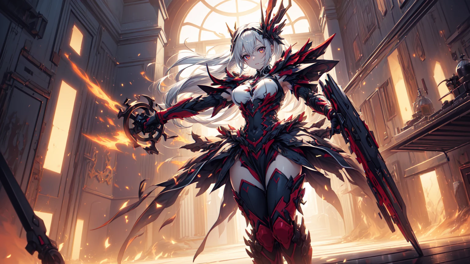 ((Highest quality)), ((masterpiece)), (detailed), (very short hair), ((nsfw)), standing,

Create an image of a ruthless female character belonging to the Versatile Order. She has a striking and menacing appearance with an aura of danger. Her hair is long, flowing, and vibrant, resembling fireworks, with a mix of bright colors like red, orange, and yellow. Her eyes are sharp and predatory, glowing with a sinister light. She has a lithe and athletic build, with an air of agility and strength.

Background: Set in a dark, chaotic battlefield or a ruined cityscape, with smoke and fire in the background, emphasizing her destructive nature.

Pose and Expression: She stands confidently, holding a deadly weapon like a spiked chain or dual blades, ready for combat. Her expression is a mix of cruelty and delight, with a wicked smile that shows she enjoys the chaos and destruction she causes.

Outfit: Her outfit is striking and functional, inspired by traditional and modern elements. She wears a dark bodysuit adorned with vibrant patterns and armor pieces with sharp spikes. The bodysuit includes red and orange accents, with intricate designs reminiscent of fireworks. She has armor pieces on her shoulders, gauntlets, and knee-high boots, all designed with detailed, menacing aesthetics. The outfit is designed to allow for maximum mobility while also intimidating her opponents.

Additional Details: Her weapons should be detailed and menacing, reflecting her brutal nature. The background should enhance her dangerous aura, with dramatic lighting and shadows that highlight her menacing presence. Her overall appearance should be dynamic and unsettling, capturing her ruthless and chaotic nature.