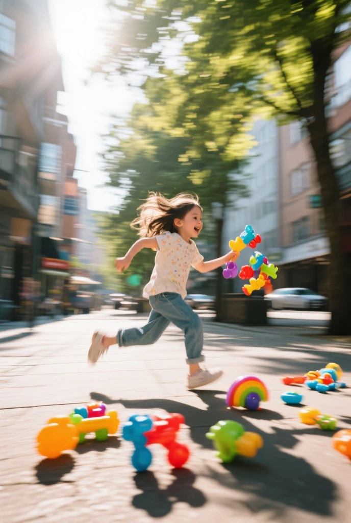 Adorable Sarah 6 year old girl running with her sweater and lunch box as fast as she could go, laughing and shouting, ‘AMAZING!!!”  Sarah was running at top speed as she turned onto her block.  hyper detailed scene, epic background, wide angle full body, 8k, Cinematography, photorealistic, epic composition Unreal Engine, Cinematic, Color Grading, Ultra-Wide Angle, Depth of Field, hyper detailed