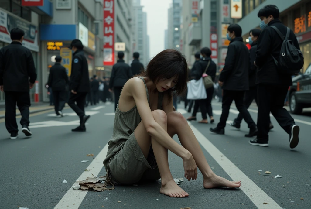 (An old and shabby bus stop).Korean woman.Korean girl group women.(A woman is lying on the floor of the bus stop.)