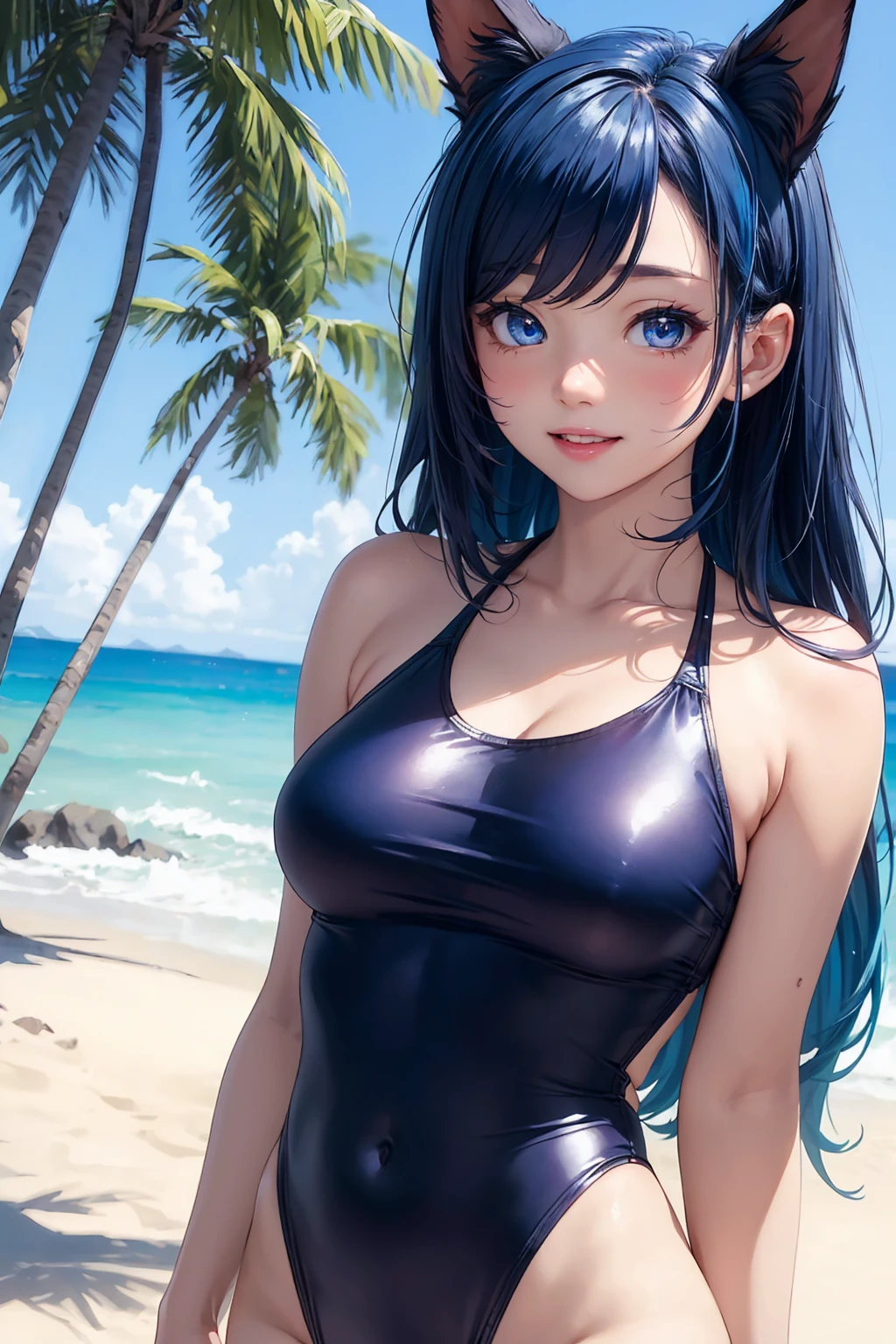(high resolution, full body, soft skin:1.2, blue eyeliner makeup),(best illustration,masterpiece:1.2),ultra-detailed,[(cat ears , blue inside:1.2),vivid colors,sharp focus,portrait,studio lighting,bokeh, wearing a one piece flower swimsuit, beach background, kneeling in the sand
