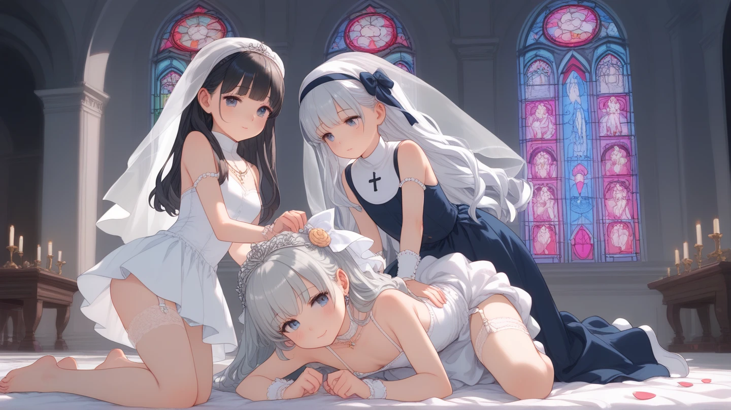 masterpiece, ((Highest quality))、wedding、(three cute naked girls、A good friend、Standing side by side、kawaii:1.4、12 years old、smile:1.3、smile、Mr.々Hair style、pubic hair)、(((Full nudity、tits、Pussy)))、(Realistic and detailed skin texture、pale pastel wedding dresses:1.2、gem、hair ornaments、Veil、See-through)