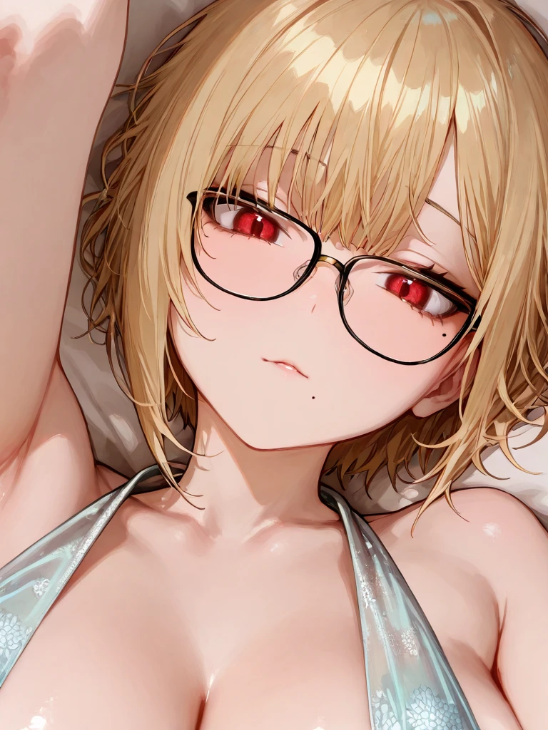 best quality, masterpiece, highly detailed, most realistic, high definition, teen body shape, realistic breasts, beautiful body, white thai girl 16 years old, small, not tall, with good body and bust 36 , she has short blonde hair, bob with bangs Wearing red glasses and wearing red underwear, dancing seductively in the forest, night, sensual night, dark, low light