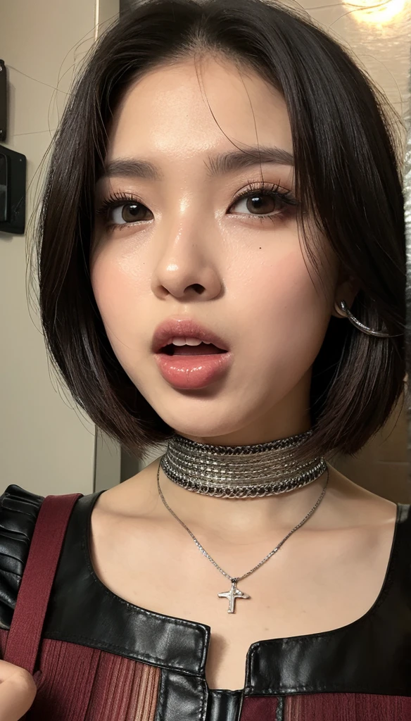 (Highest quality,8k,32K,masterpiece,Ultra-high resolution:1.2),Beautiful Japanese women in photos,Big cleavage,Very short bob hair,Upper Body,Face Focus,Extra Large_sweater,Choker Necklace,Simple Background,From the above,View your audience,stage,Half-open mouth、Embarrassed look、blush:2.0, saggy breasts, big tit, open clevage