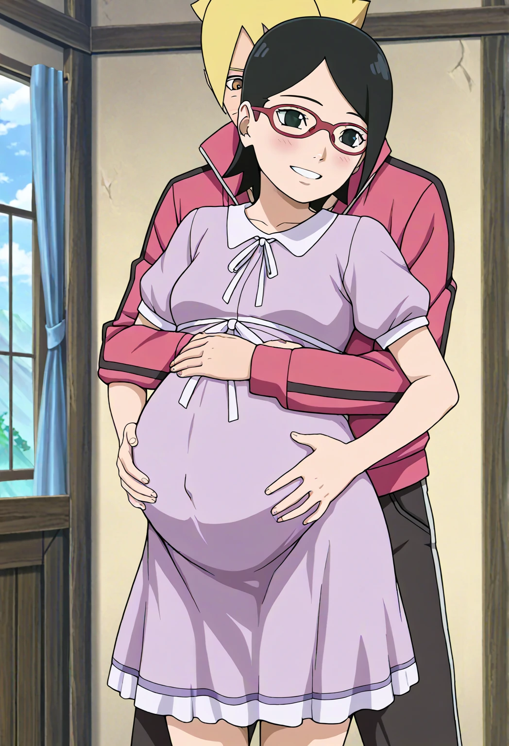 looking at the camera、When I Look at You、lookatviewer、Anime Style、Eroge、1 Girl, (Huge breasts), (Long skirt dress、cardigan)、Low Angle、Brown haired, hair band、Bob Hair、The forehead is visible、blush,The whole body is visible:1.5、Cleavage、Pregnant belly、From below:2