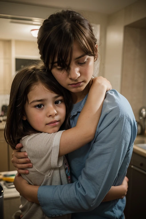 (Quality tags: masterpiece, high resolution, photo-realistic:1.3), a parent tightly embracing their children in a Palestinian home, (dimly lit room:1.2), shadows of fear persisting, (soft light filtering through:1.2), expressions of parental reassurance, (tender hug:1.1), muted tones capturing vulnerability, (subdued atmosphere:1.2), a backdrop of uncertainty, (protective embrace:1.2), faces buried in warmth and safety, (subtle details in shadows:1.1), an intimate moment of familial protection, a powerful portrayal of love amid adversity.