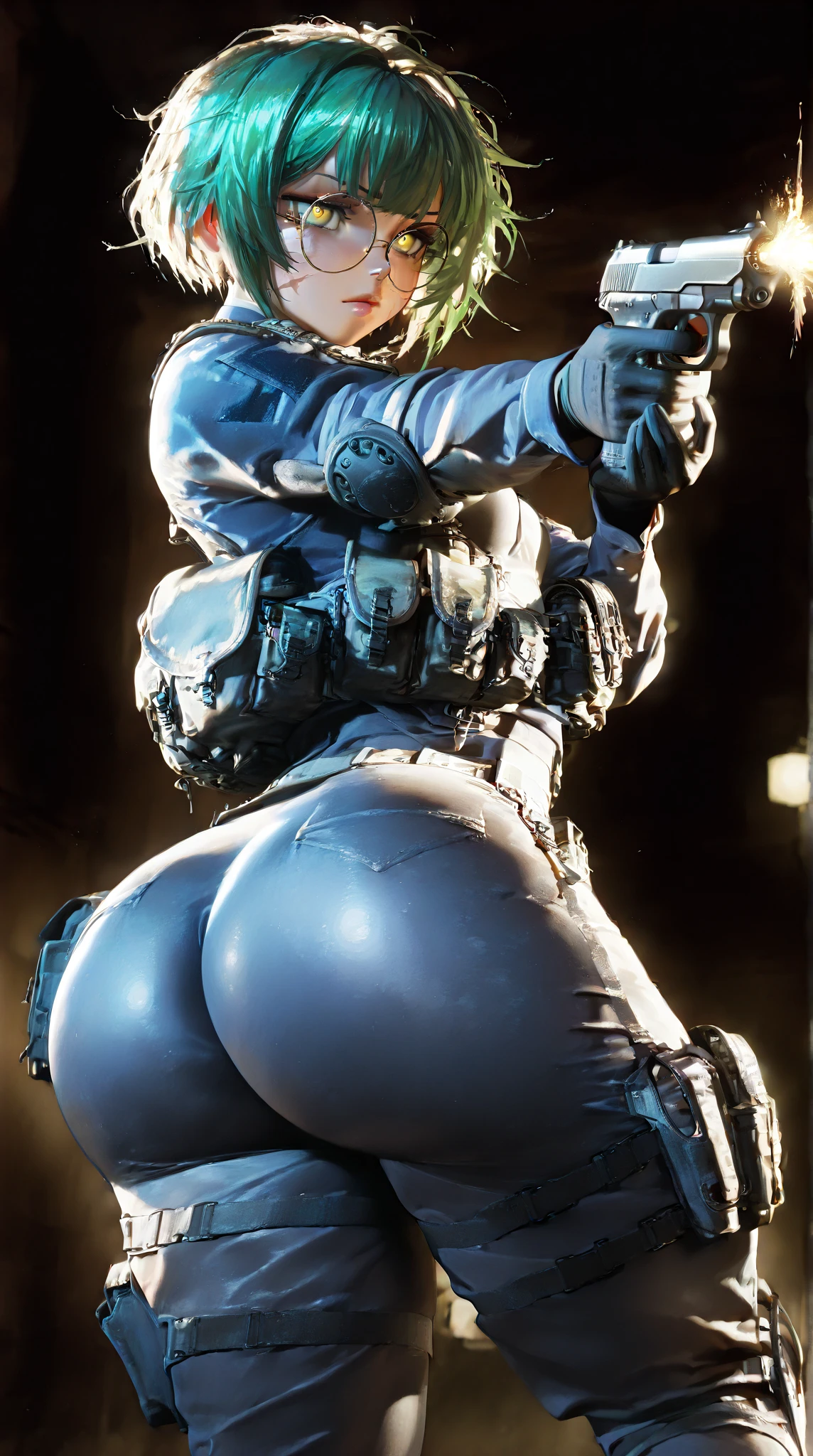 score_9, score_8_up, score_7_up, 1girls, Ela \(Rainbow Six Siege\), light-skinned female, shiny skin, oily skin, blue eyes, 1girl, curvy figure, huge breasts, round hips, round ass, ass up, cowboy shot, legs apart, looking back at viewer, standing, ruanyi0774,belly chain,garter belt,apricot underwear, apricot thighhighs, in bathroom, bathroom background, smirk,