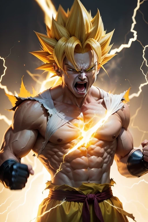Son Goku, One boy, anger, Battle Damage, Blonde, blue sash, clenched teeth, rage, Green Eyes, Men's Center, Muscular, Muscular male, Pectoral muscle, sash, alone, Spiked Hair, Super Saiyan, Super Saiyan 1, teeth, Topless man, Torn clothes, Wristband, ((masterpiece)) 、Realistic