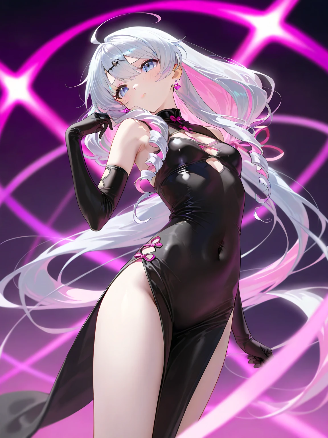 (((Masterpiece))), (best qualighy, best resolution:1.2), ultra perfect anatomy, perfect body, very delicate, super gorgeous hair, very long and beautiful hair, multicolored hair, absurderes, glowing eyes:1.2, white and purple bodysuit:1.4, clothes under clothes, full body, pigeon-toed, holding a sailor moon stick, (beautiful hello kitty room scenery), unique art, most beautiful art, ((ultra detailed)), beautiful details, ((nice drawn hands and fingers)), (most beautiful legs), depth in field, cinematic lightining, colorful, intricate