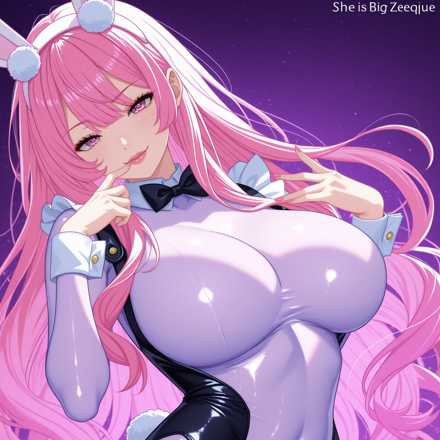 (semi-realistic:0.8), masterpiece, best quality, simple background, 1girl, solo, (chubby, curvy, thick), milf, horns, elf ears, blue purple skins, pink hair, blunt bangs, long hair, shameful face, shy, blush, yellow eyes, colored sclera, black sclera, sharp eyelid, closed mouth, armpit, gigantic breasts, huge breasts, big breasts, big areola, huge ass, big ass, (((wide hips))), cleavage, latex, choker, elbow gloves, (micro bikini), (thong), (squatting, spread legs), hands behind head, looking at viewer, front, front view, from below, cowboy shot