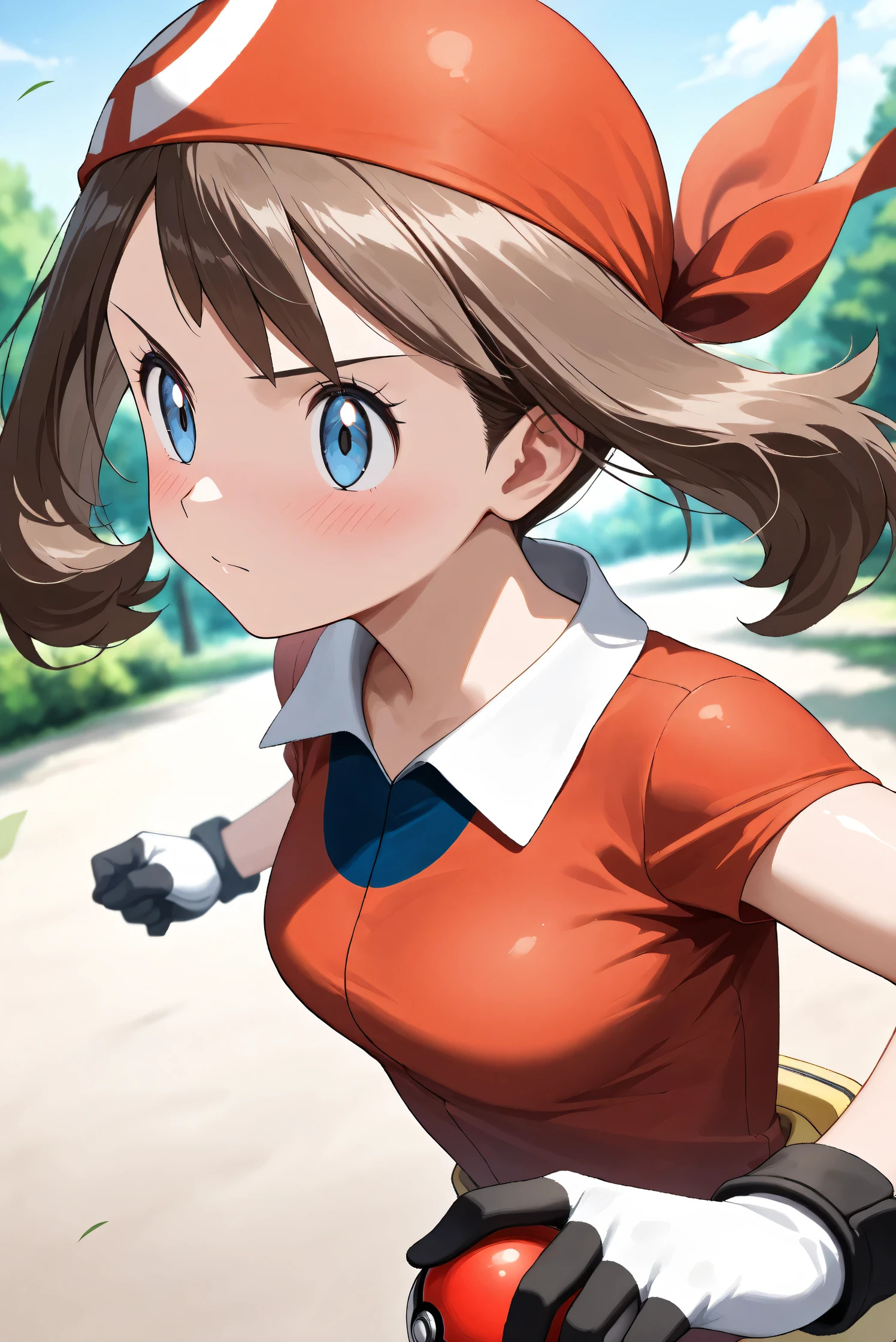 ,may \(pokemon\), bandana, shirt, skirt, bike shorts, gloves, fanny pack,1girl,bike shorts,brown hair,eyelashes,grey eyes,leg hold,looking at viewer,medium breasts,sleeveless shirt,red shirt,bike shorts under shorts,blue eyes,red hairband,white shortssolo,