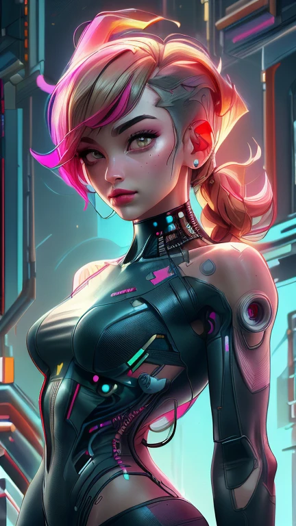 (full body: 1.2), Beautiful Cyber punk girl 2077, 18 years old, fit and attractive 18 year old girl body. "What are the implications of integrating human bodies with various cyborg mechanical implantechanical arms, bionic face: 1.2), electricity effects. The image must be high-quality 8k resolution and use advanced rendering techniques such as photon mapping, radiosity, and physical rendering with automatic white balance. The lighting should be cinematic, with masterful lighting and slightly intensified twilight. Details: The woman must have smooth, soft skin, with visible pores and a heart-shaped butt, a current trend in Brazil. She should wear normal clothes, specifically cotton micro lingerie, with cotton panties or very short pajamas. The image should focus on your beautiful, symmetrical face, with ultra-detailed eyes, and the bikini line on your tanned skin. Pose: The woman must pose in a sexy way, looking directly at the viewer. She may be scantily clad, with small breasts and nipples visible, and her hair may be detailed with fringes and freckles. She should have a smiling expression. Background: The Cyber punk 2077 sci-fi background must be ultra-detailed, rendered using CGI with Unreal Engine 5. But it must have a soft focus effect. Final artwork should not be based on a specific photograph, but should look realistic. Composition: The image should evoke a sense of technology and high-quality craftsmanship, reminiscent of a masterpiece of illustration and CG art. The composition must include elements of unity, wallpaper and official art. The final image must present fine details, extreme delicacy and beauty, with sharp focus and a high level of detail. (The construction of the image must be procedural based on the information described in this text: