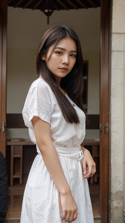 A pretty Asian girl,Burmese,14years,sunrise light 、winter light, Half body portrait,realisitic、超A high resolution, medium breast, sharp eyes, wearing longyi myanmar dress,