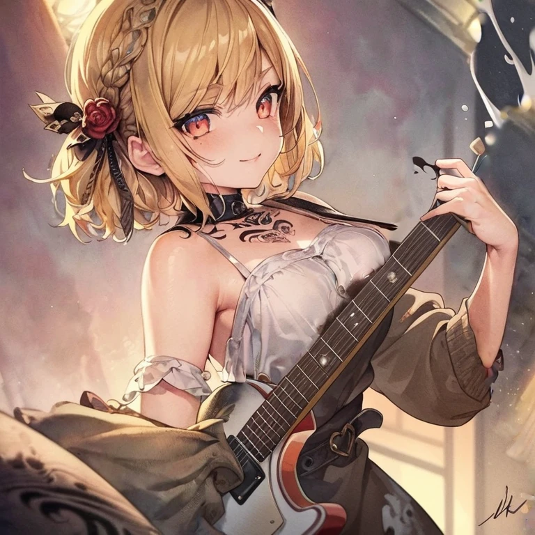 colorful, girl,red and white kimono uneven sleeves,upper body,(detailed face:1.2), (medium breasts),(cleavage),(thigh bands),long Blond hair,asymmetrical bangs,Tarot border,The portrait is centered,(no weapon),(bouncing breasts), (raw photo:1.2), ((photorealistic:1.4)), best quality, masterpiece, illustration, an extremely delicate and beautiful, extremely detailed ,CG ,unity ,8k wallpaper, Amazing, finely detail, masterpiece,best quality,official art, extremely detailed CG unity 8k wallpaper, absurdres, incredibly absurdres, huge filesize, ultra-detailed, highres, extremely detailed,
beautiful detailed girl, extremely detailed eyes and face, beautiful detailed eyes, light on face, cinematic lighting, full body, full-body shot, see-through, outdoors, (( fire)), , red theme and orange theme , bear stomach, (playing a guitar),