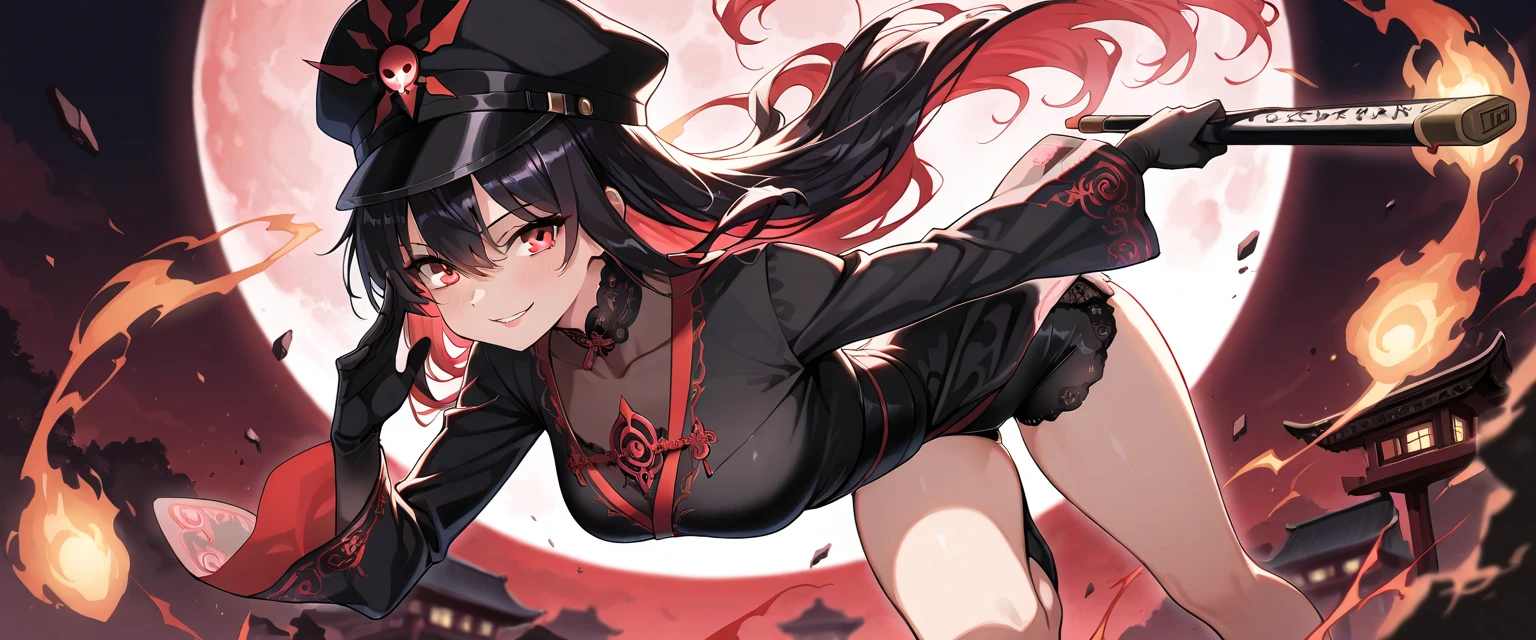 score_9, score_8_up, score_7_up, 1girl, solo, small breasts, yor briar, ibarahime, red eyes, black hair, long hair, single hair_bun, sidelocks, gold hairband, hair flower, earrings, strapless dress, black dress, fingerless gloves, black thighhighs, bare shoulders, standing, shocked eyes, looking down, ballroom,
