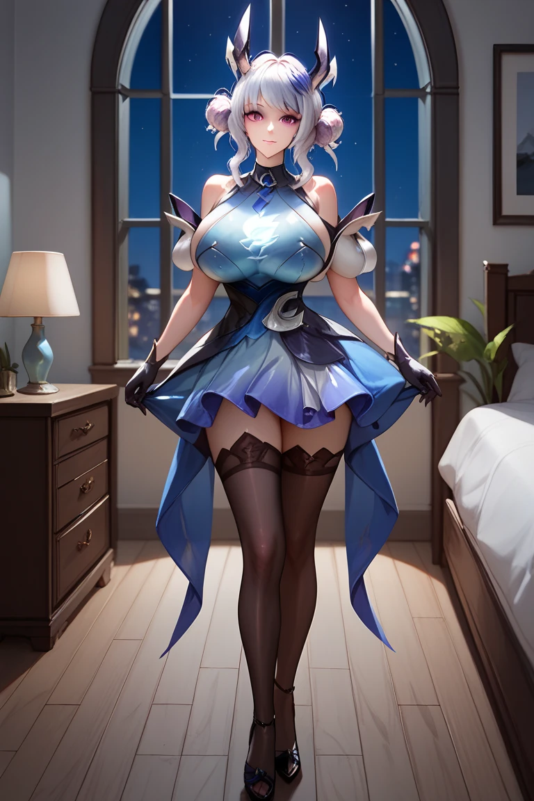 Elsa in a provocative open dark blue dress with silver lace, NSFW, provocative appearance, nipples visible, dark red lipstick, smokey eyes, riding crop in hand