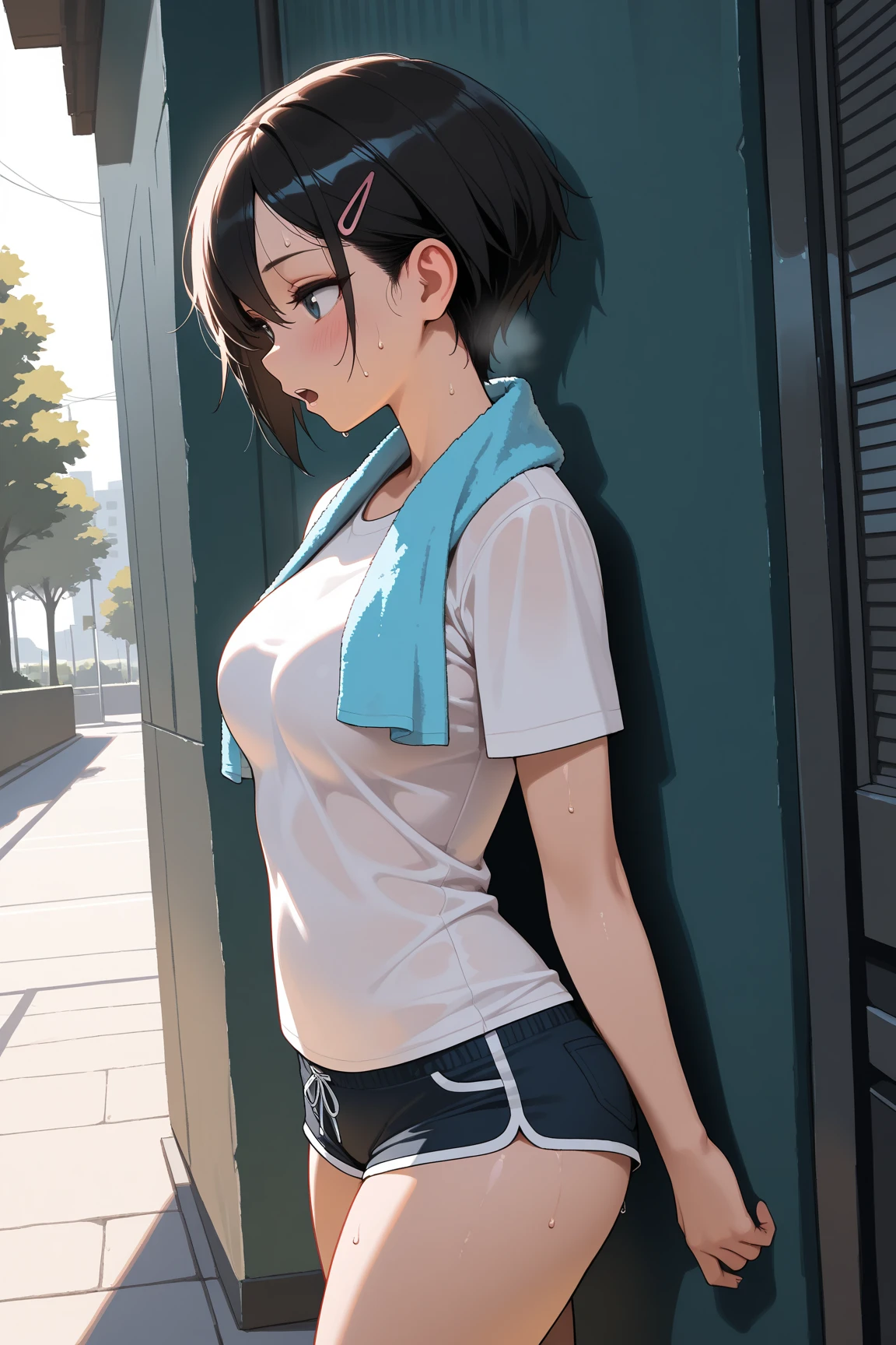 ((masterpiece, best quality)), 1 Girl, solo, Blurred Background, (((Small breasts))), Thighs, (Stripe underwear), T-Shirts,