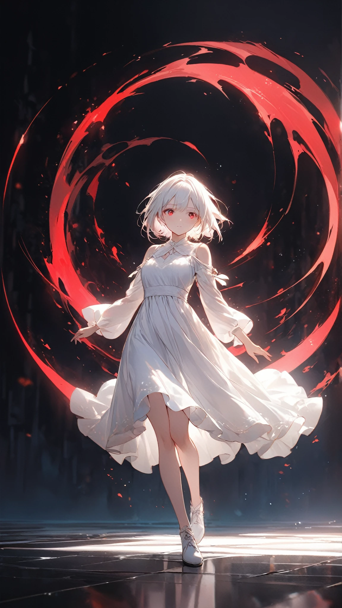 a girl with short white hair shoulder-length, red eyes, wearing a white dress stand on top of a old tower with red flower