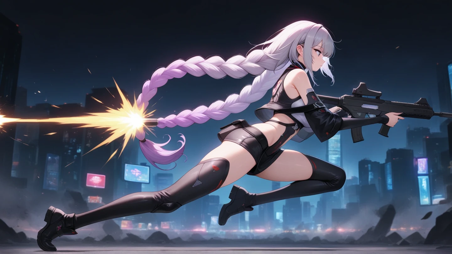 masterpiece, best quality, 1girl, grey hair, shoulder length hair, wavy hair, black hairband, auburn eyes, beautiful detailed eyes, beautiful detailed face, cute face, stoic, professional, ninja, black leotard, black tactical gloves, bare legs, gold bracelets, black thigh-high boots, using katana blade, scabbard, cityscape, night, noir atmosphere.
