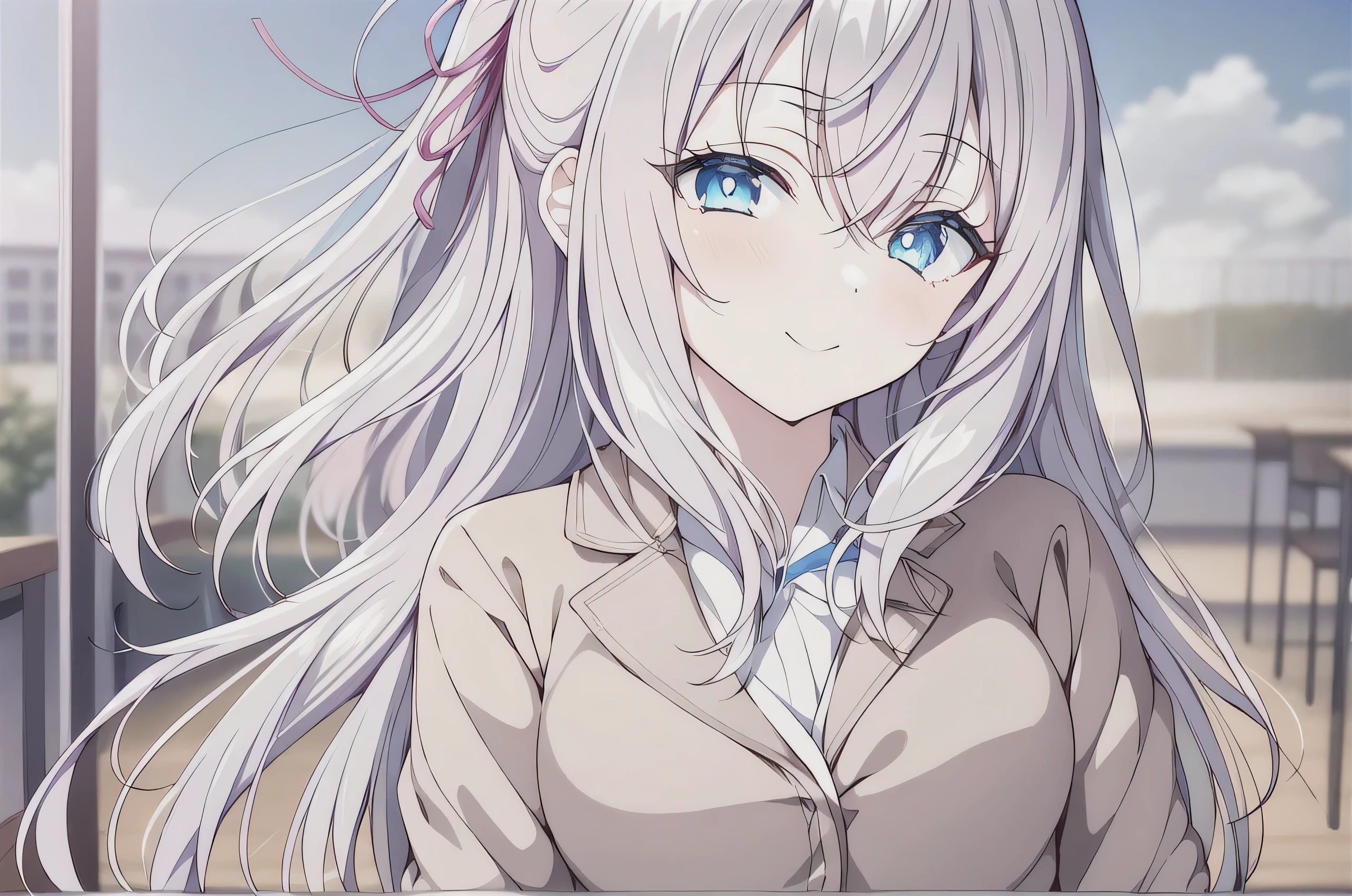 White hair, long hair,( blue eyes:1.5), (big :1.2),
1 Girl, school uniforms, flat chest, Smile,outdoor,wind, Game CG Break,,( masterpiece), (best quality), (super detailed), Very beautiful, Newest, Beauty illustration,long straight hair Ponytail, shiny skin, ( masterpiece), (best quality), (super detailed), REAL LIGHTING , 4K, 8,000,white dress , white shirt, Seto Fuku,Low-cut,Cardigan, close his eyes ,THIS IS THE HIGHEST QUALITY, high resolution, Unity 8k壁纸, (illustration:0.8), ( beautiful and detailed eyes :1.6), very detailed face , perfect lighting, Extremely Fine CG, (perfect hands, Perfect Anatomy ),
