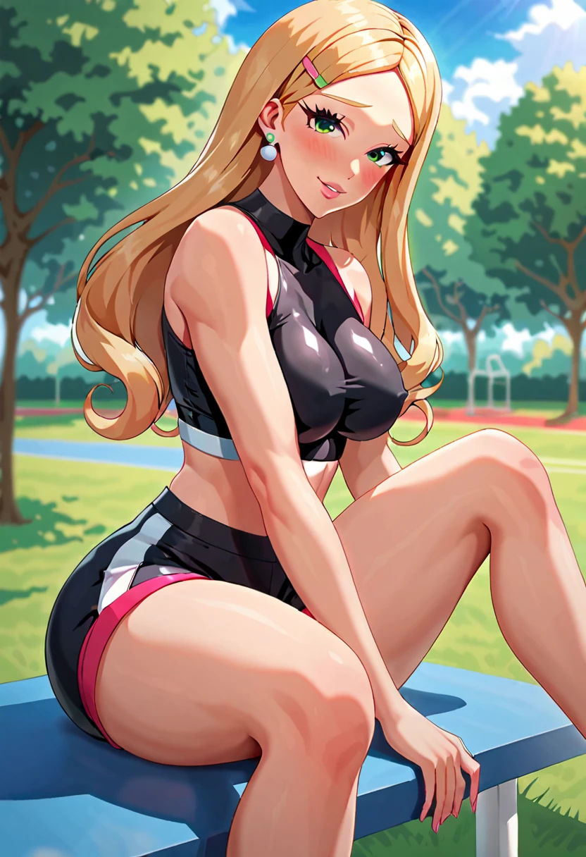 a femboy sissy with blonde hair, beautiful detailed blue eyes, wearing a tight pink crop top, a pink miniskirt, stockings, in a park, (flaccid penis), intricate details, hyper realistic, 8k, photorealistic, masterpiece, vibrant colors, cinematic lighting, soft focus, ethereal