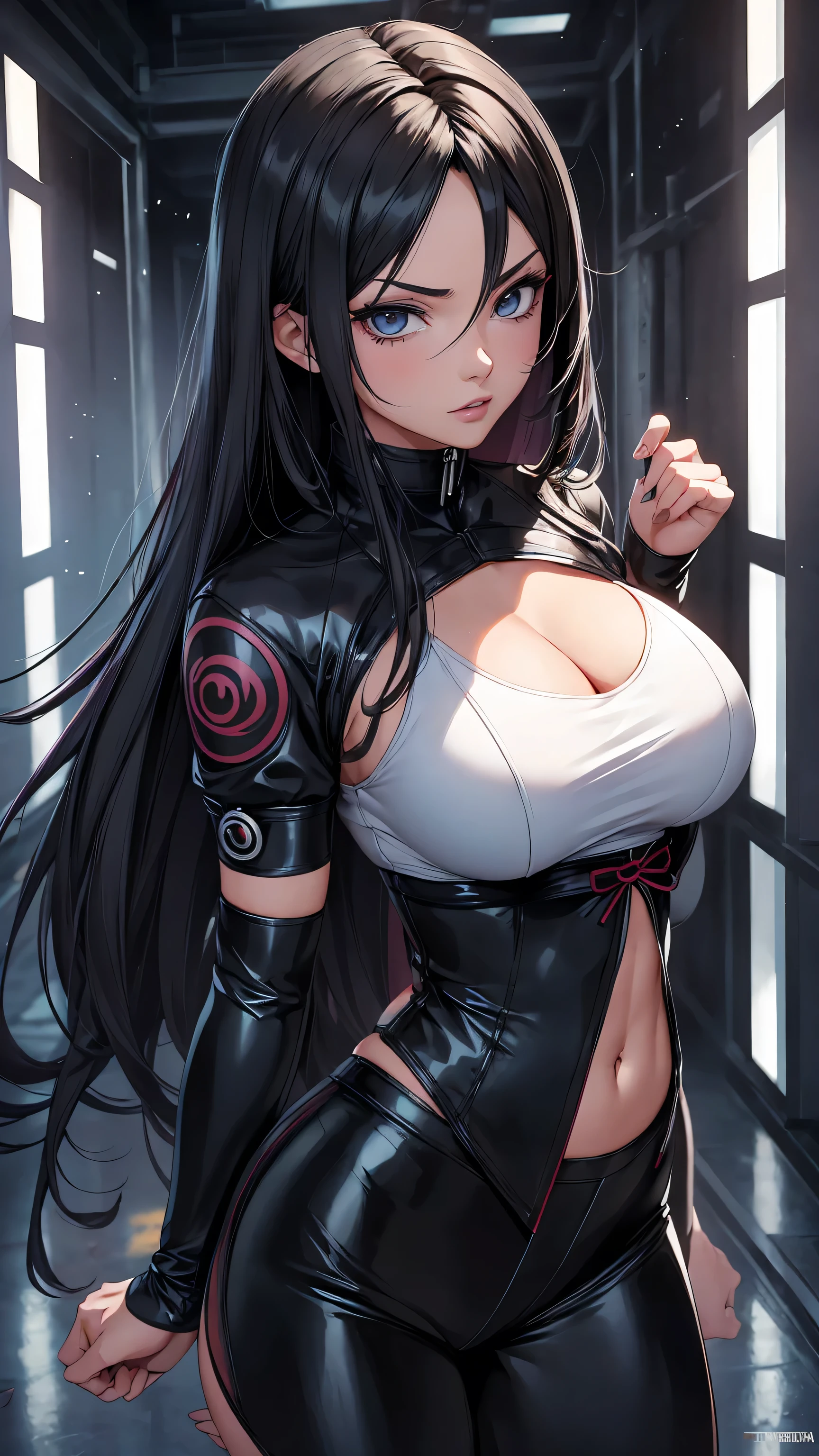 picture Unreal Engine 5 8K UHD of beautiful girl, black hair, wearing tight latex catsuit with gothic black short dress outwear, body harness, corset, magenta eyes, dark makeup, seductive moods, best quality, masterpiece