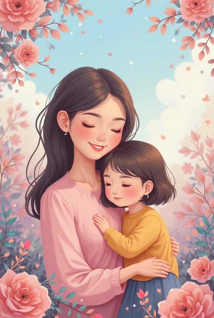 Cartoon image of a mother's selfless love for her daughter, cartoon, cute cartoon, cute cartoon style, motherly love, cute illustration, clean anime art