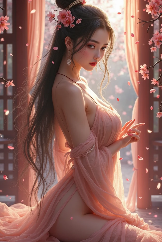 A woman in a dress stands in front of a tree, Ethereal beauty, beautiful female bodies, a stunning young ethereal figure, Cheongsam, Very ethereal, Translucent body, Translucent dress, By Leng Mei, extremely beautiful and ethereal, intricate body, gorgeous chinese models, Oriental fantasy, Incredibly ethereal, flower goddess, Beautiful goddess, ((a beautiful fantasy empress))