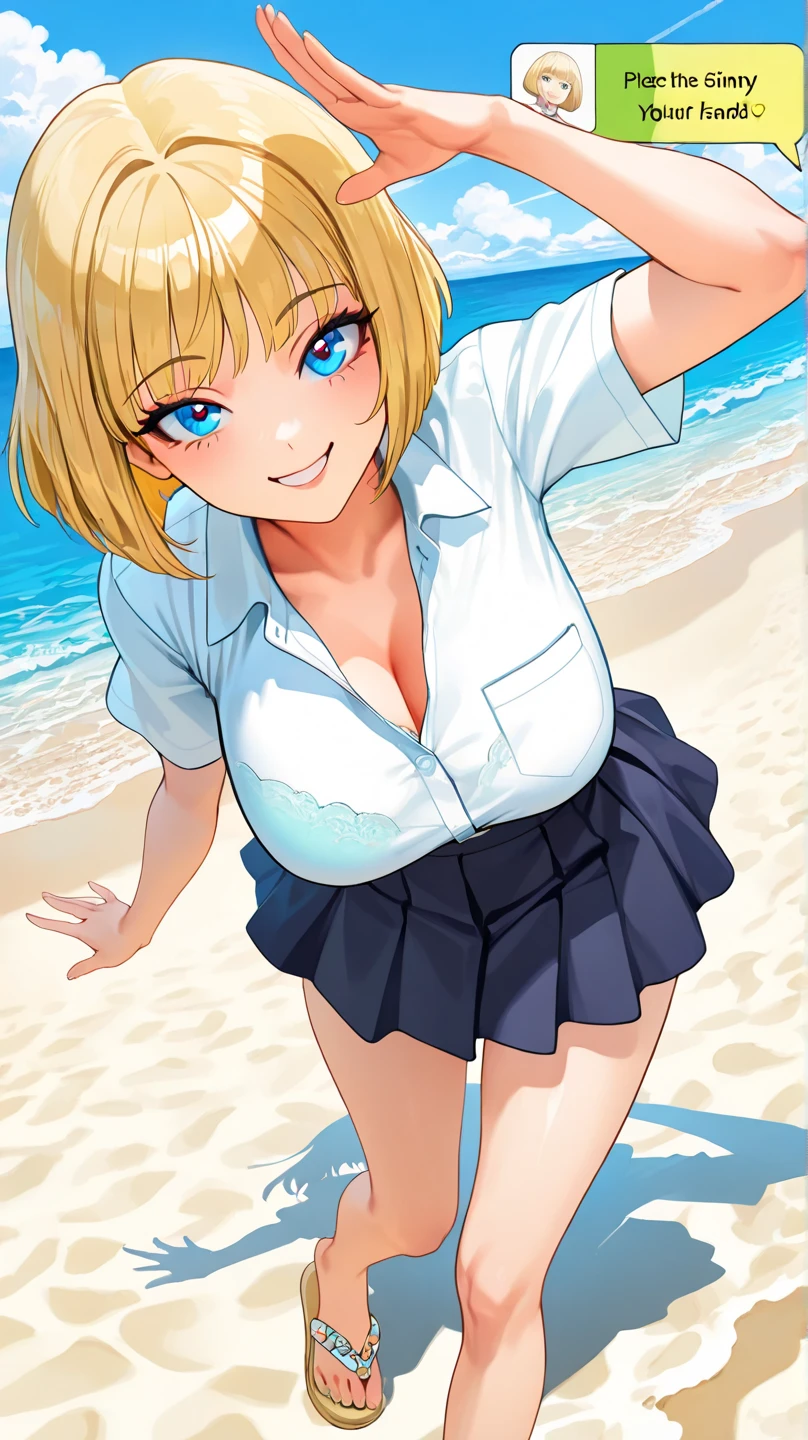 ((super high quality,Ultra-high resolution,16K,super masterpiece,Ultra HD,Ultra high definition,))One Girl,A bright and shiny pink wetsuit,Open zipper,Large collar,Tight collar,popped collar,Butterfly shaped light blue necklace,Looking at the camera,Provocative smile,blush,Drooling,Leaning forward greatly,Grab your breasts and crotch with your hands,Spread your legs wide,Sweaty all over,Top-down angle,a blue sky with clouds and sun,A lot of water splashing from below,