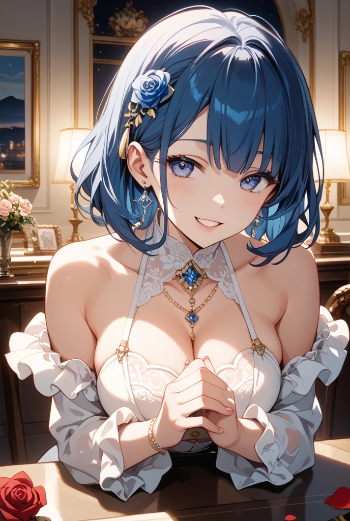(Masterpiece, BestQuality:1.3), (ultra detailed:1.2), (hyperrealistic:1.3), (RAW photo:1.2), High detail RAW color photo, professional photograph, (Photorealistic:1.4), (realistic:1.4), professional lighting, perfect anatomy, (Big Breasts:1.5), (blush, detailed face), (Ahegao:1.5), (Blue Hair:1.5), Trending Hair&Trending Hairカラーをランダムに, earrings, necklace, bracelet, sexly, erotic sexly, Random sexy gravure poses, ((Sexy beauty in an elegant dress in a luxury hotel lobby、Beautiful figure under the chandelier、Chignon's hairstyles: 1.5)