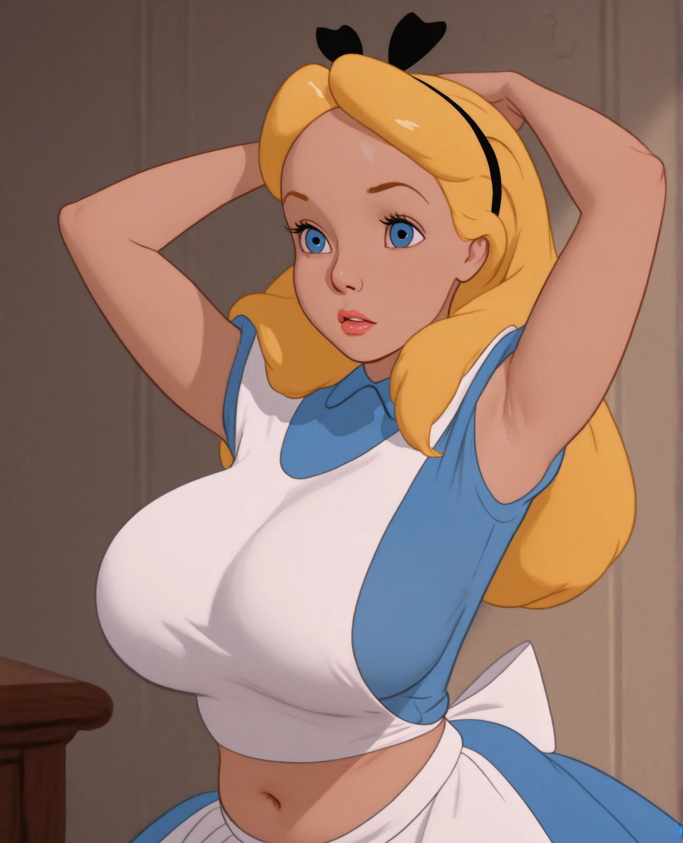 masterpiece, 1girl, solo, make her a sexy Alice in Wonderland with blonde hair, powder blue dress with white apron, white stockings, cleavage, dynamic, ultra high def, 32k, (perfect anatomy:1.5), perfect legs, in the style of Artgerm and Adam Hughes, perfect arms, downblouse