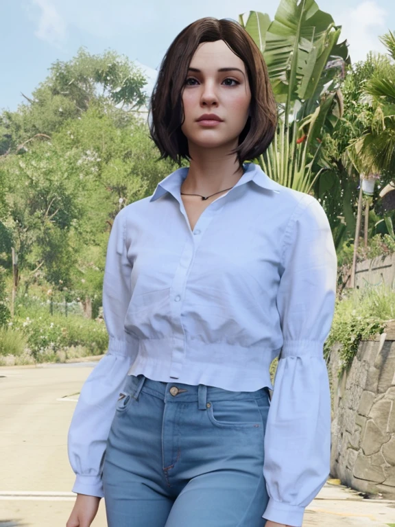 a close up of a woman in a tan shirt and jeans, ponytail hair, latina skin, diesel punk women, gorgous makeup