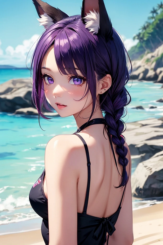 absurdres, high res, ultrasharp, 8K, {masterpiece}, expressive eyes, extremely detailed, best quality, perfect face, 1girl, solo, kochou shinobu, butterfly hair ornament, purple eyes, multicolored hair, short hair, parted bangs, large breasts, pleased, beach, bikini, arms behind head,