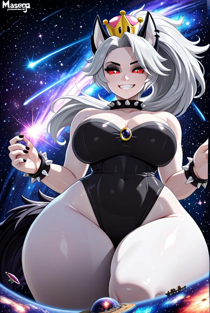 ((Cinematic light, Best quality, 8k, Masterpiece :1.3)), 1girl, Beautiful woman, (white hair, big breasts:1.3), rope panties, hopefully falling, seductive open lips, Amethyst, purple skin, (fat), long white hair, purple eyes, makeup, lips, yolk between collarbone, standing, close up, smiling, hands on hips, solo,
 , outer space, Milky Way, stars,
(insanely detailed, beautiful detailed face, masterpiece, beautiful detailed eyes, best quality), sexual teasing, trying to be sexy, showing armpits, milk on boobs, a lot of milk on boobs, (((cow printed micro bikini))), (sexual teasing),